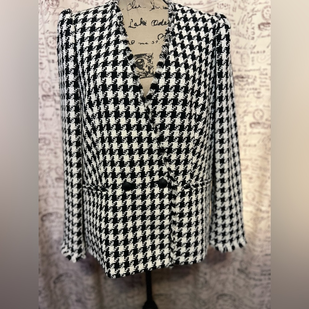 NWT Express Houndstooth double breasted tweed blazer black and white sz Large - Picture 8 of 17